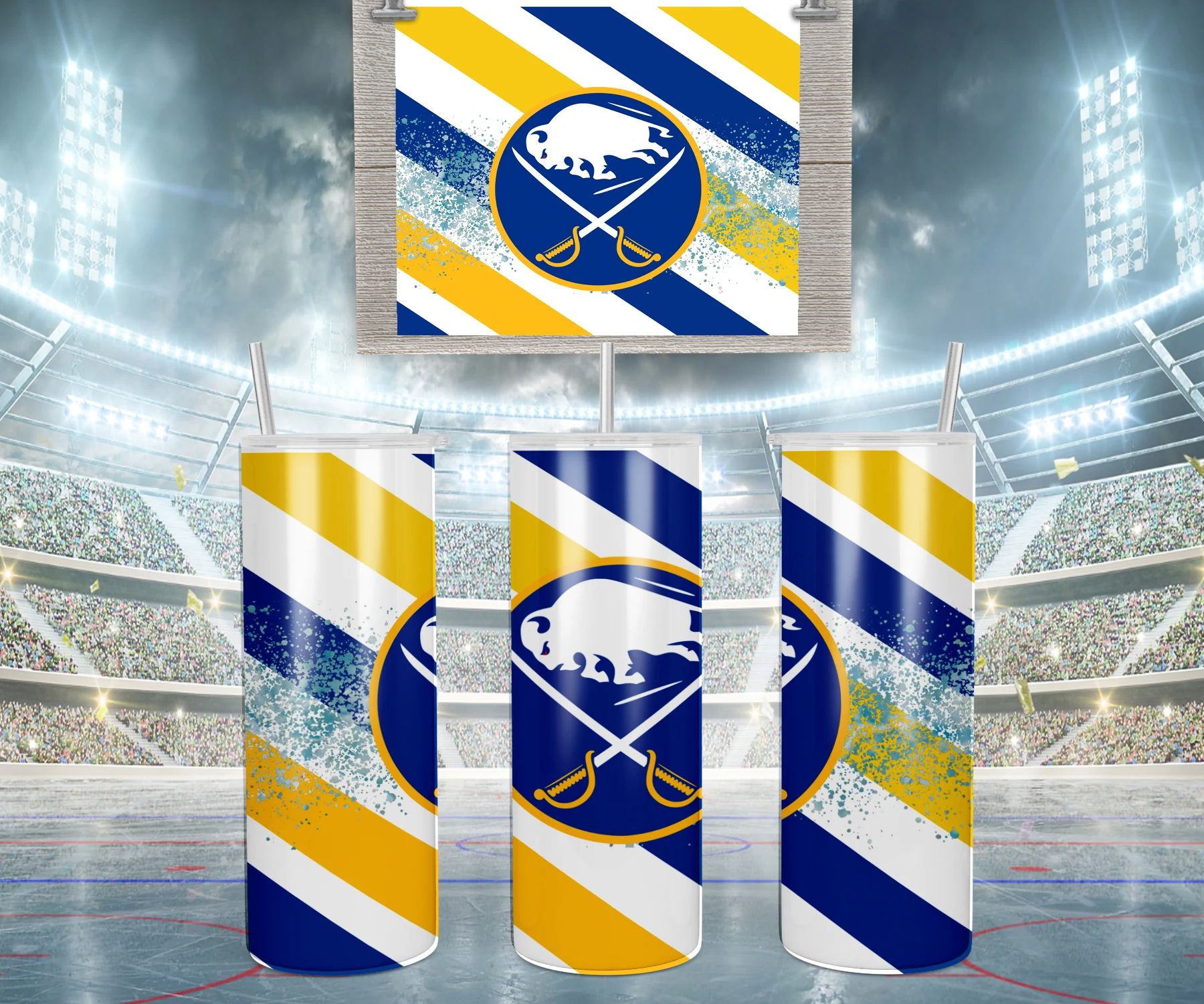 A 20 oz skinny tumbler wrap for Buffalo Sabres fans: diagonal navy, gold and white stripes with a distressed look and the Sabres. Sublimation design