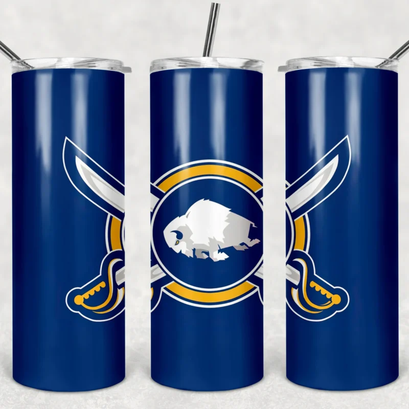 A 20 oz skinny tumbler wrap for Buffalo Sabres fans: the buffalo and crossed sabres logo in a gold ring on a navy blue background. Sublimation design
