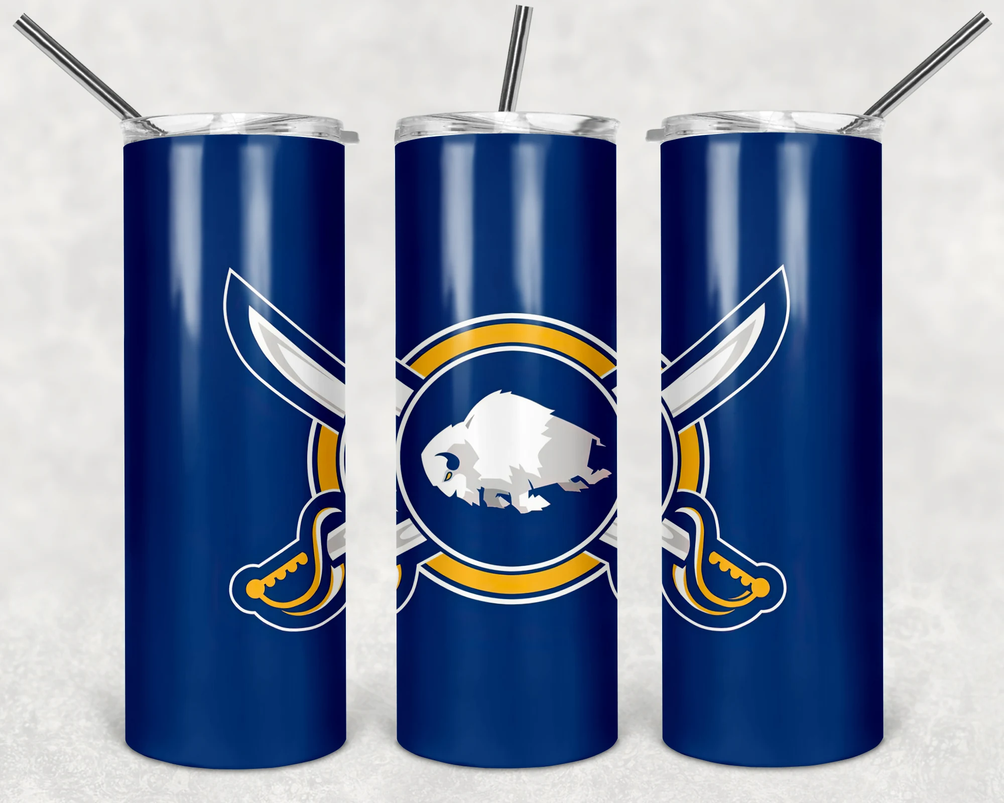 A 20 oz skinny tumbler wrap for Buffalo Sabres fans: the buffalo and crossed sabres logo in a gold ring on a navy blue background. Sublimation design