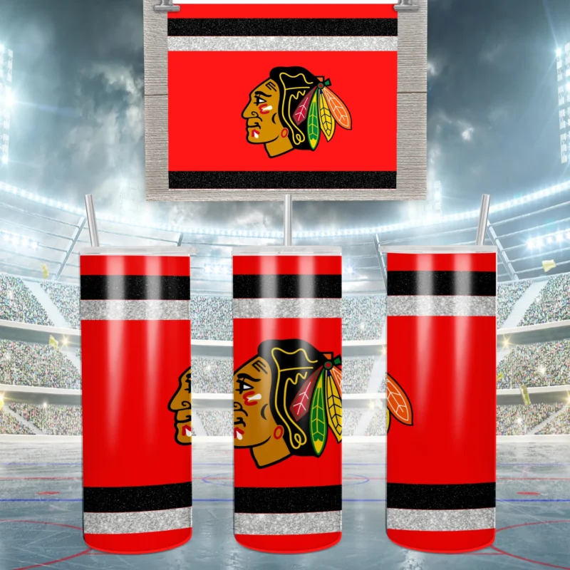A 20 oz skinny tumbler wrap for Chicago Blackhawks fans: red, black and white jersey stripes with glitter bands. Sublimation design