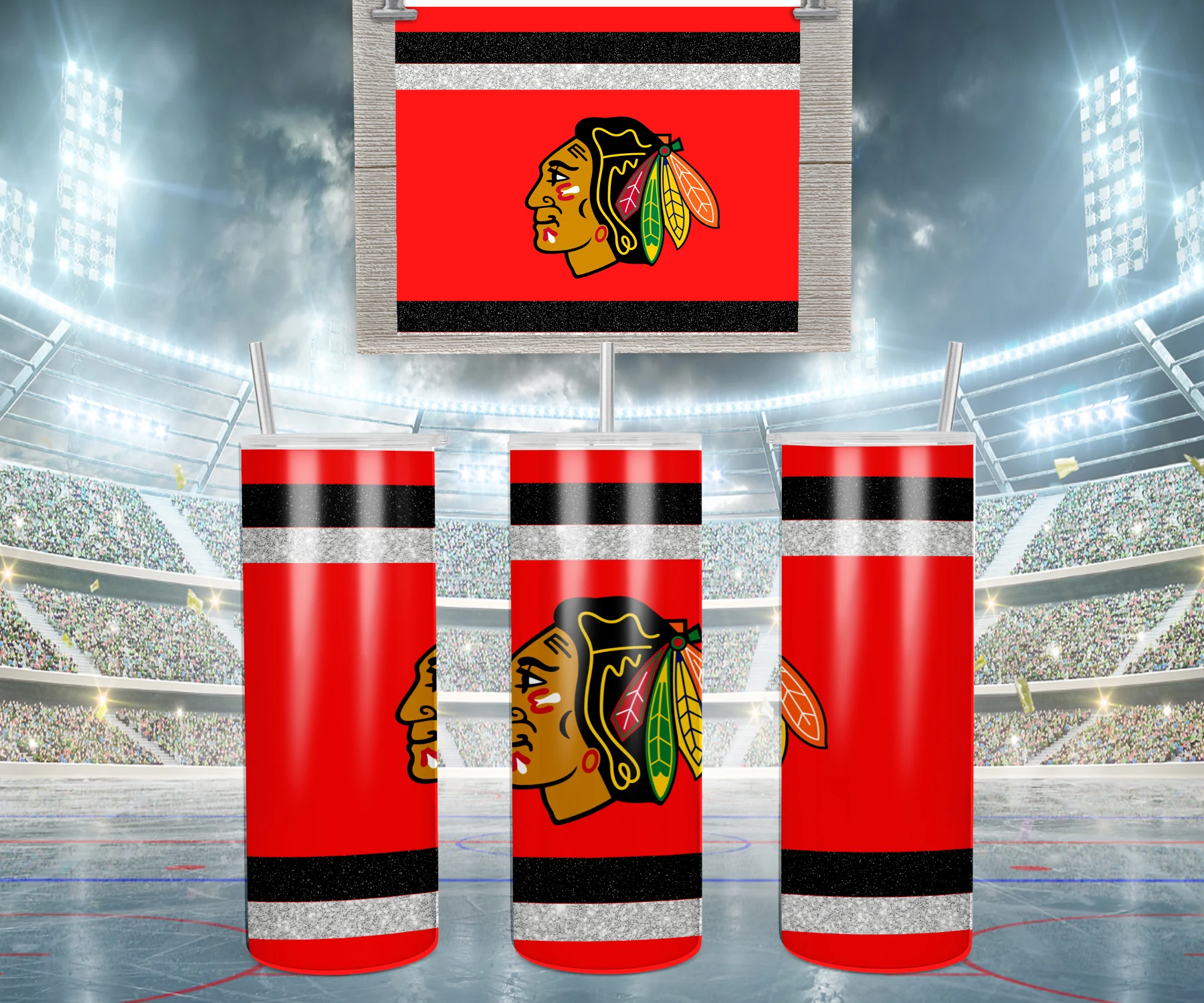 A 20 oz skinny tumbler wrap for Chicago Blackhawks fans: red, black and white jersey stripes with glitter bands. Sublimation design