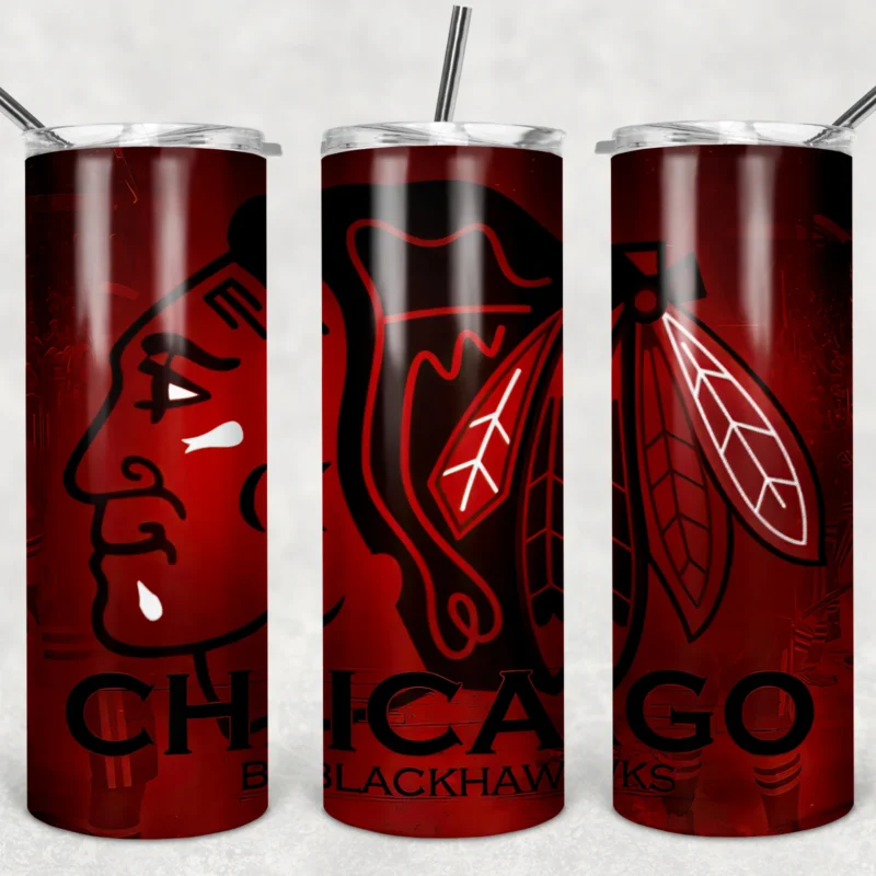 A 20 oz skinny tumbler wrap for Chicago Blackhawks fans: a large Blackhawks head logo with feathers and Chicago lettering in dark. Sublimation design