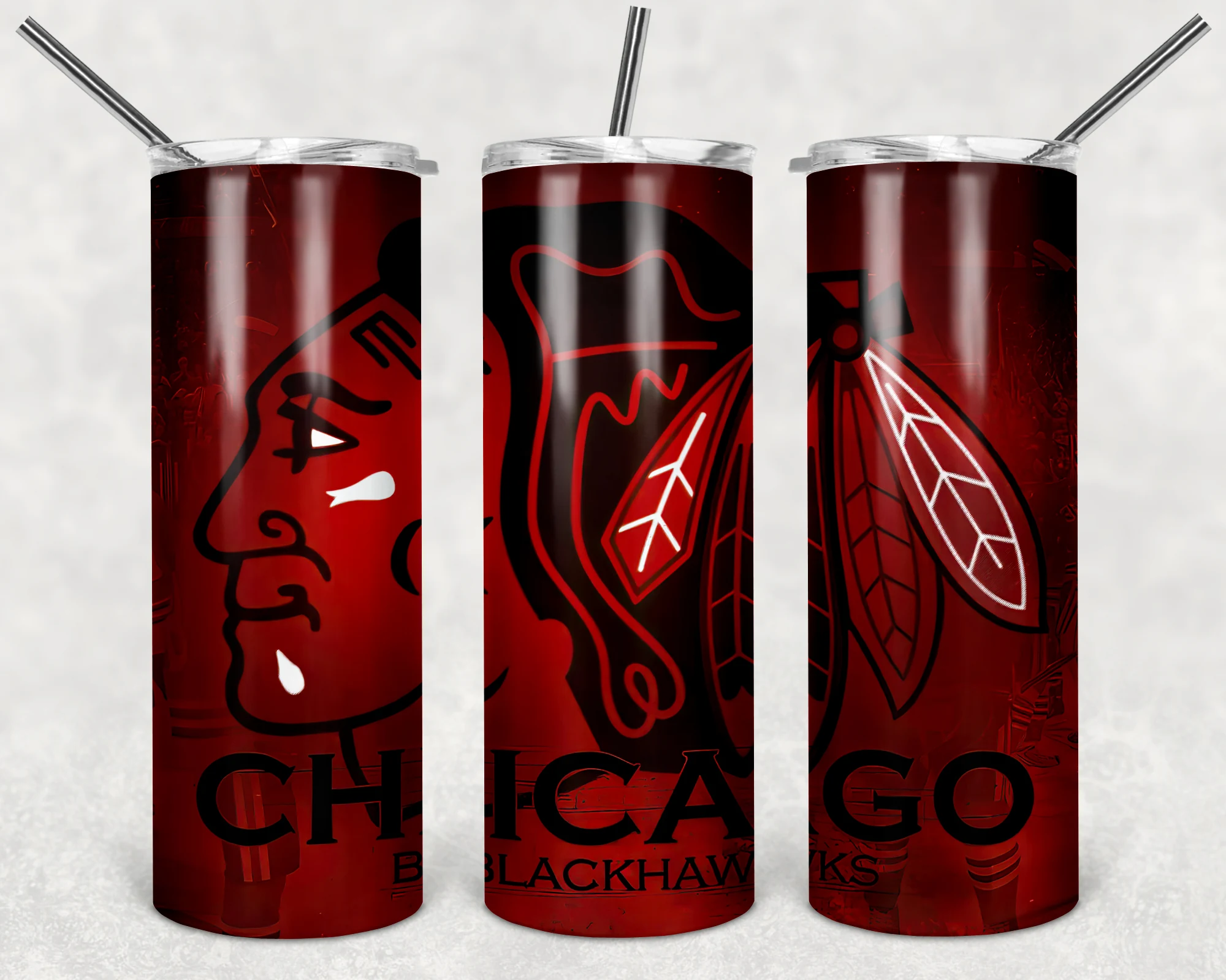 A 20 oz skinny tumbler wrap for Chicago Blackhawks fans: a large Blackhawks head logo with feathers and Chicago lettering in dark. Sublimation design