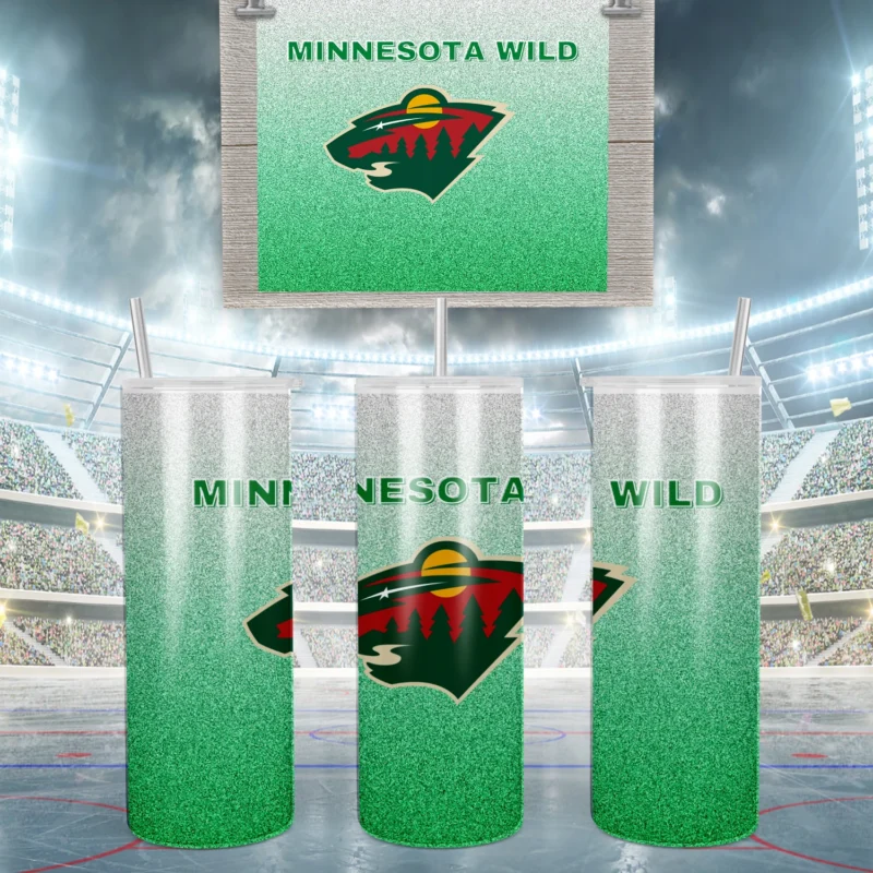 A 20 oz skinny tumbler wrap for Minnesota Wild fans: a green glitter fade with Minnesota Wild lettering and the team logo. Sublimation design