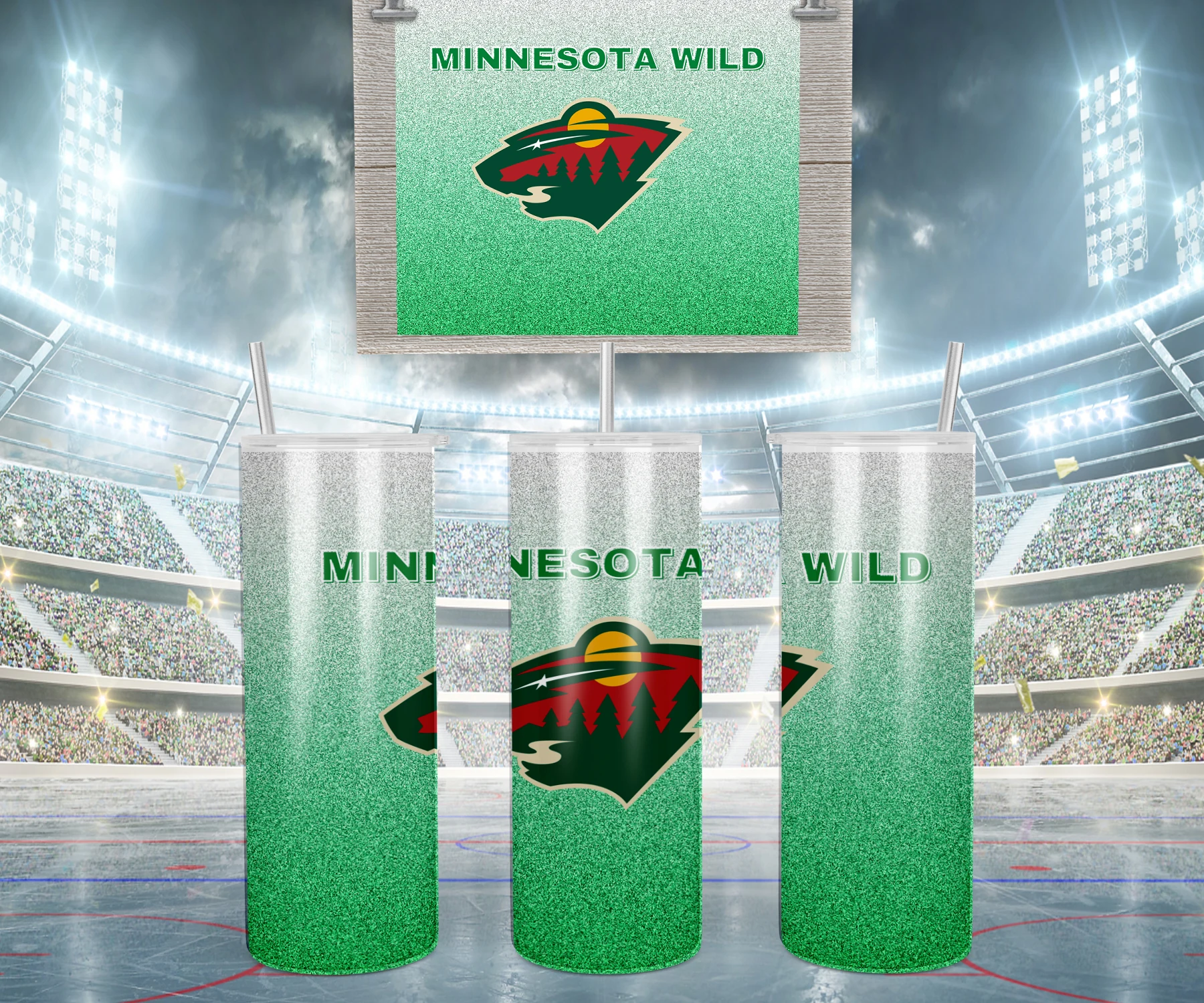 A 20 oz skinny tumbler wrap for Minnesota Wild fans: a green glitter fade with Minnesota Wild lettering and the team logo. Sublimation design