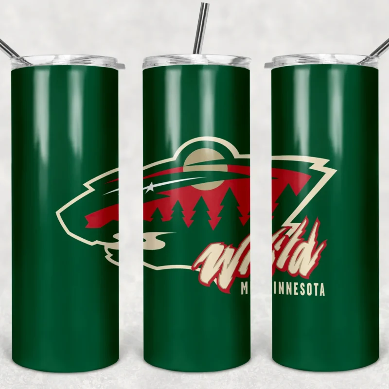 A 20 oz skinny tumbler wrap for Minnesota Wild fans: the wild animal logo with Wild Minnesota script on a dark green background. Sublimation design