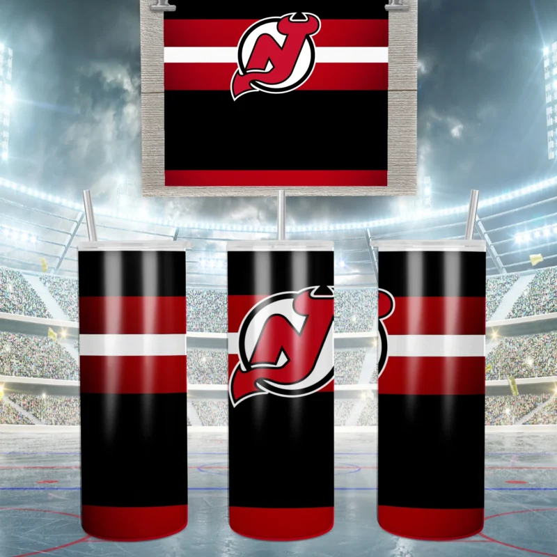 A 20 oz skinny tumbler wrap for New Jersey Devils fans: black, red and white jersey stripes with the Devils logo in the middle. Sublimation design