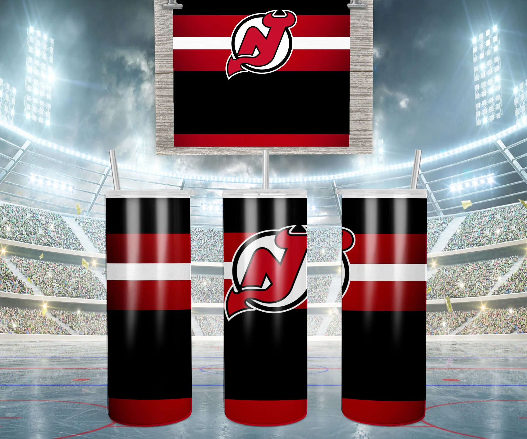 A 20 oz skinny tumbler wrap for New Jersey Devils fans: black, red and white jersey stripes with the Devils logo in the middle. Sublimation design