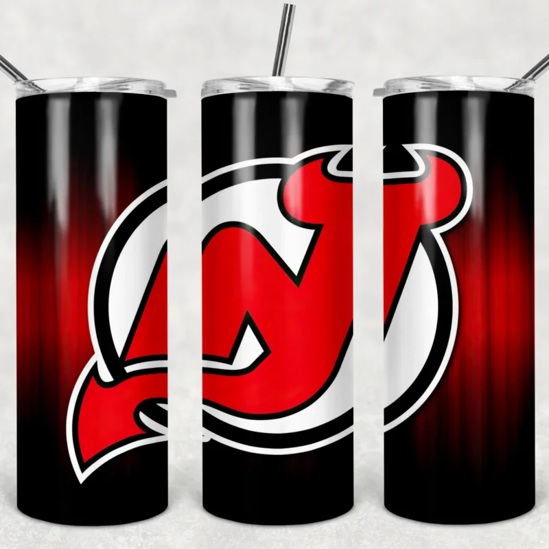A 20 oz skinny tumbler wrap for New Jersey Devils fans: a large Devils logo on a black background with a red glow. Sublimation design