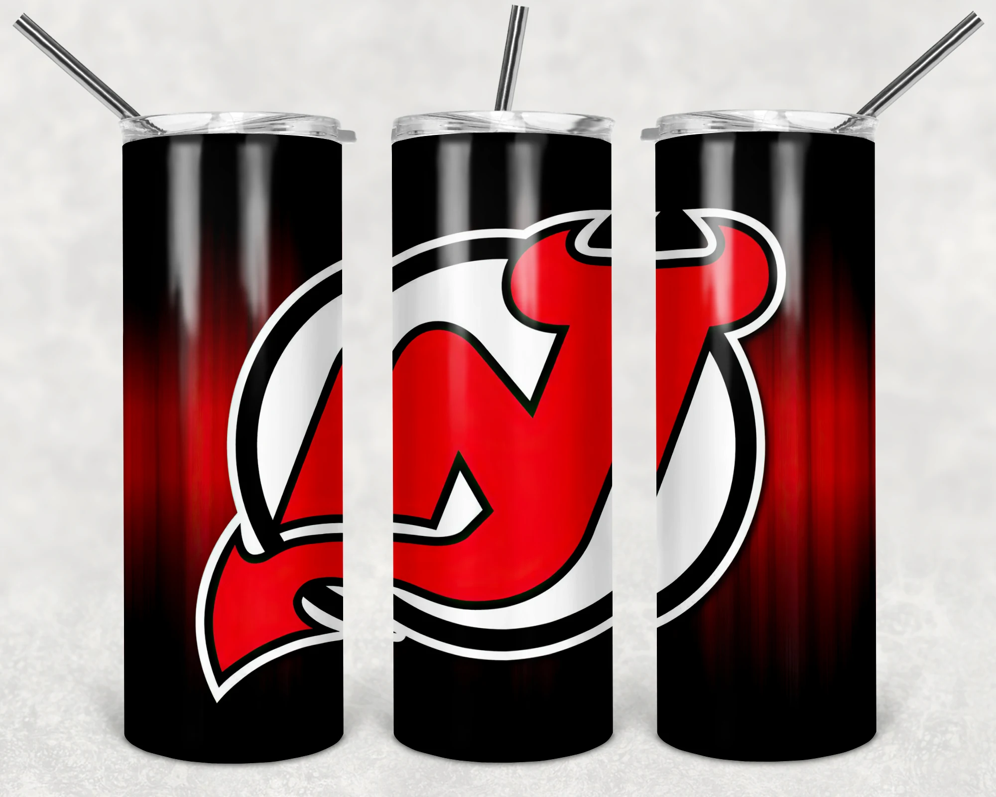 A 20 oz skinny tumbler wrap for New Jersey Devils fans: a large Devils logo on a black background with a red glow. Sublimation design