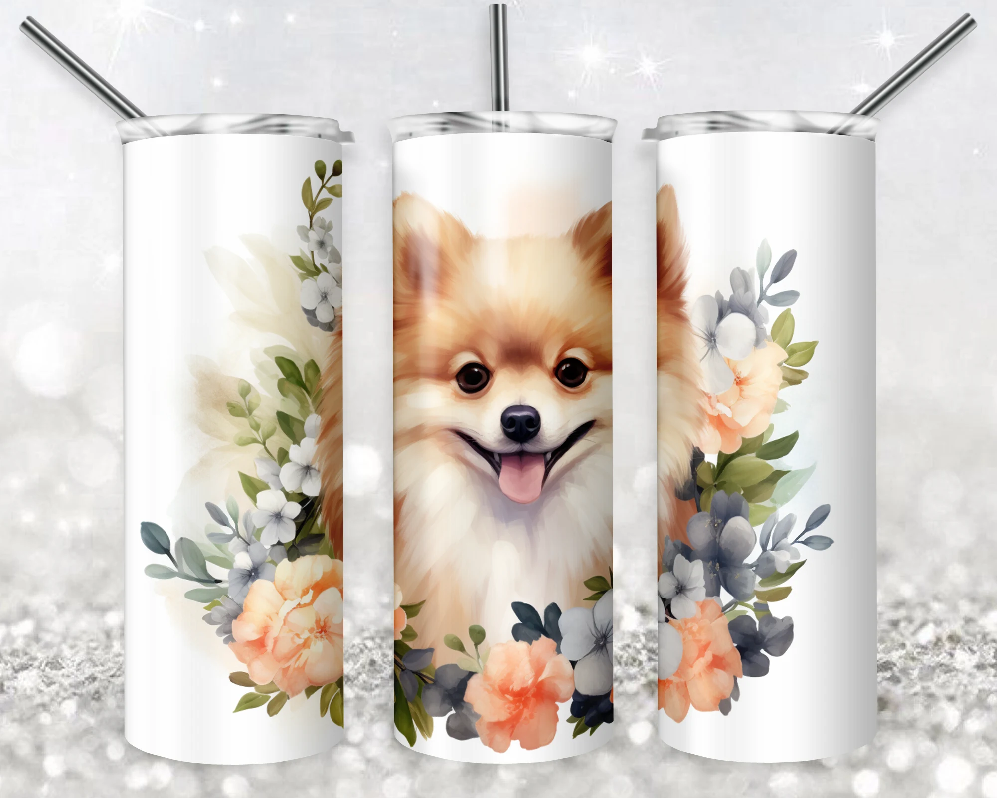 20 Oz Pomeranians Dog Watercolor Tumbler Cup Design