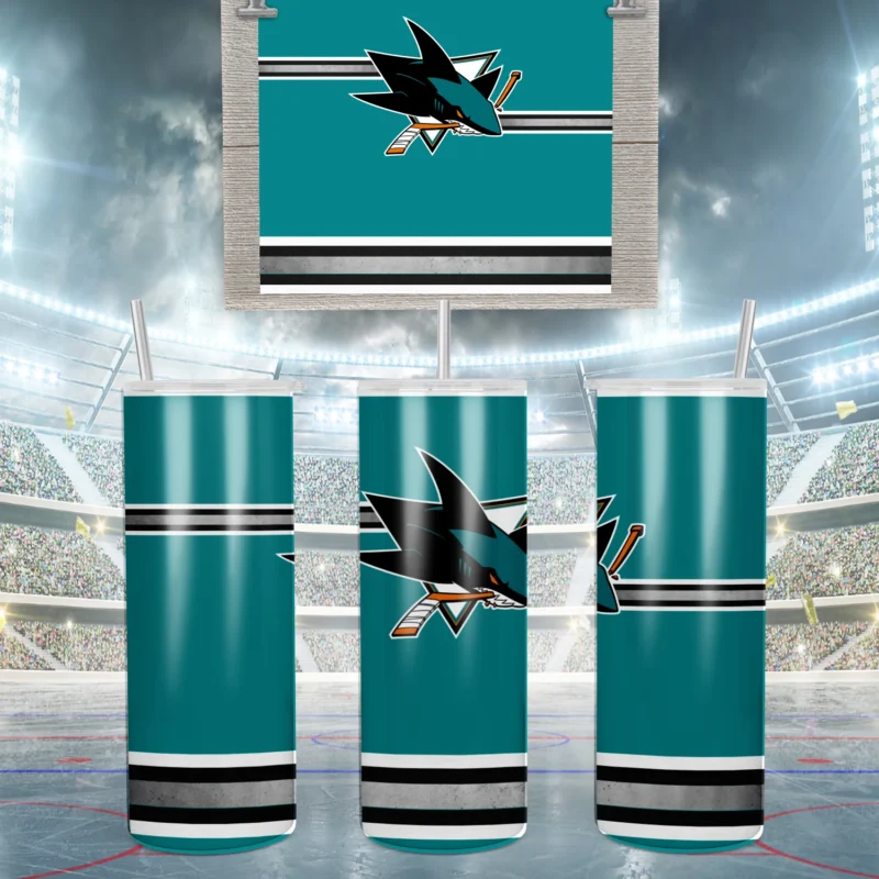 A 20 oz skinny tumbler wrap for San Jose Sharks fans: a teal background with black and white jersey stripes and the shark logo. Sublimation design