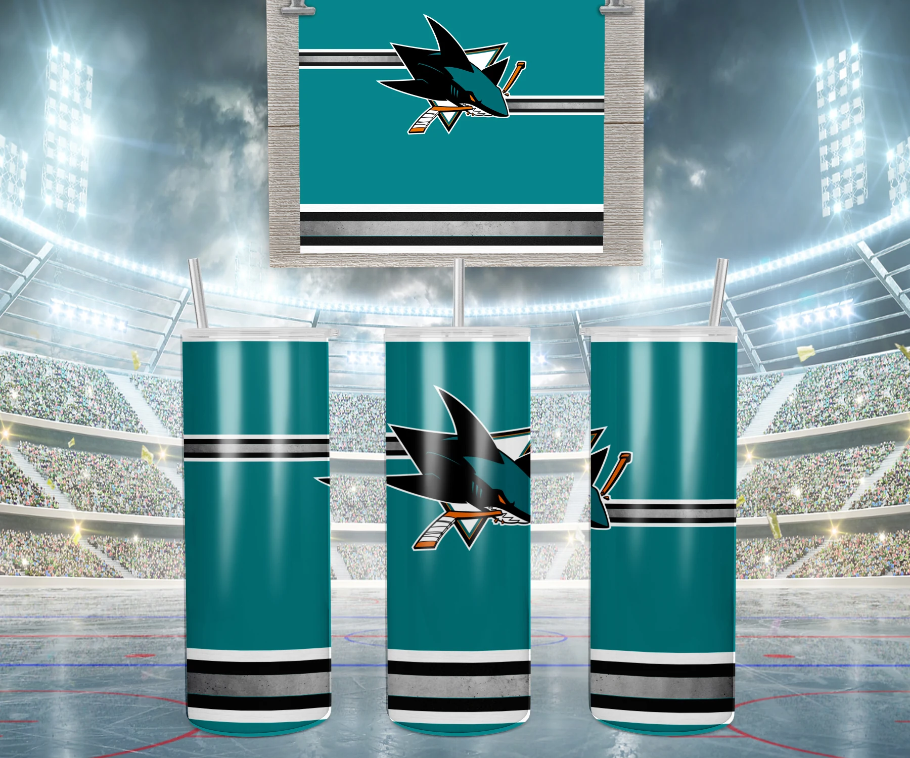 A 20 oz skinny tumbler wrap for San Jose Sharks fans: a teal background with black and white jersey stripes and the shark logo. Sublimation design