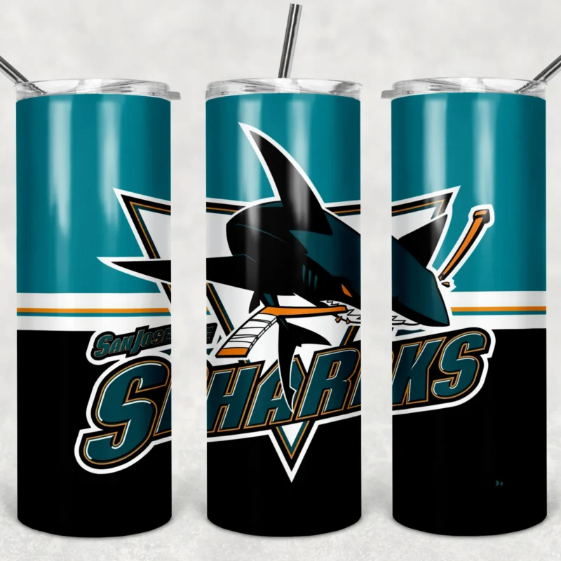 A 20 oz skinny tumbler wrap for San Jose Sharks fans: the shark and stick logo with Sharks lettering on a teal and black split. Sublimation design