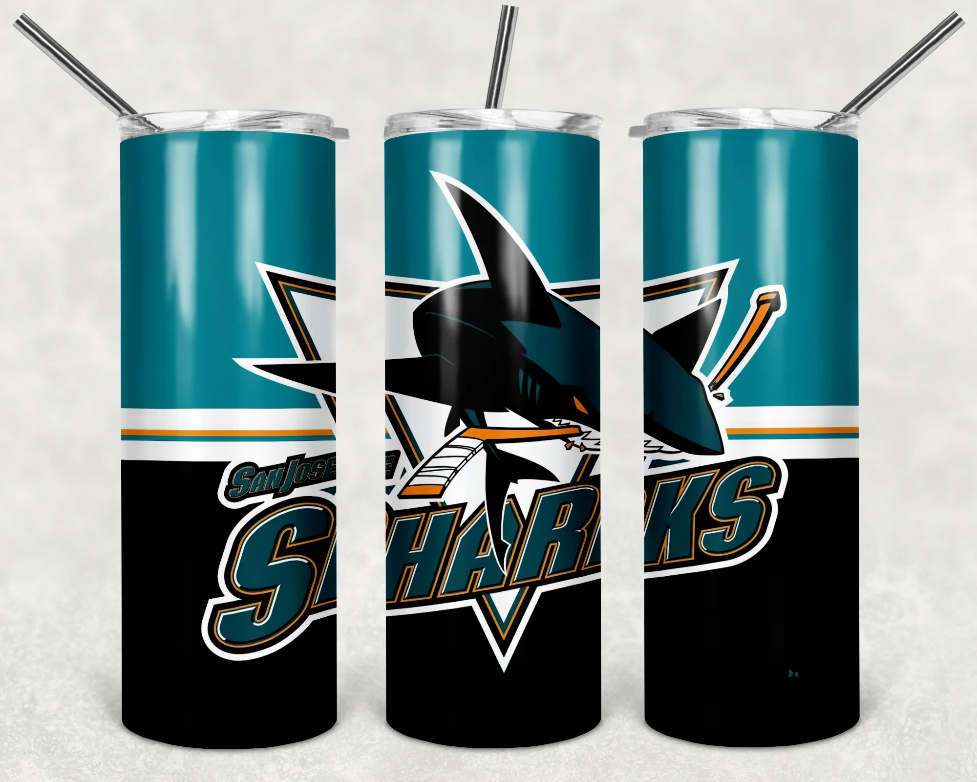 A 20 oz skinny tumbler wrap for San Jose Sharks fans: the shark and stick logo with Sharks lettering on a teal and black split. Sublimation design