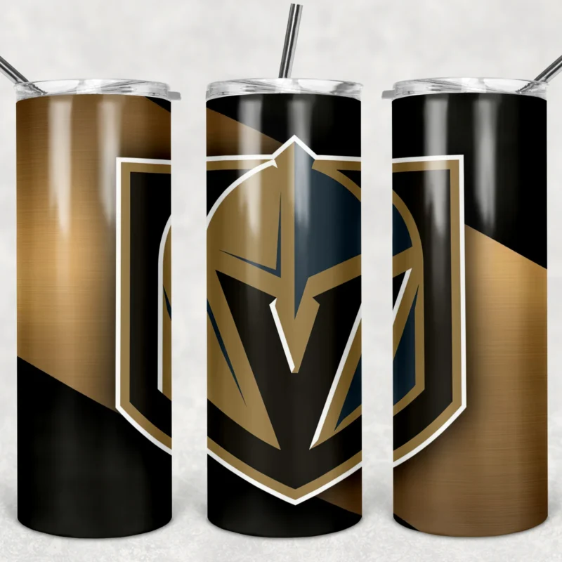 A 20 oz skinny tumbler wrap for Vegas Golden Knights fans: a large knight helmet logo over a gold and black split background. Sublimation design