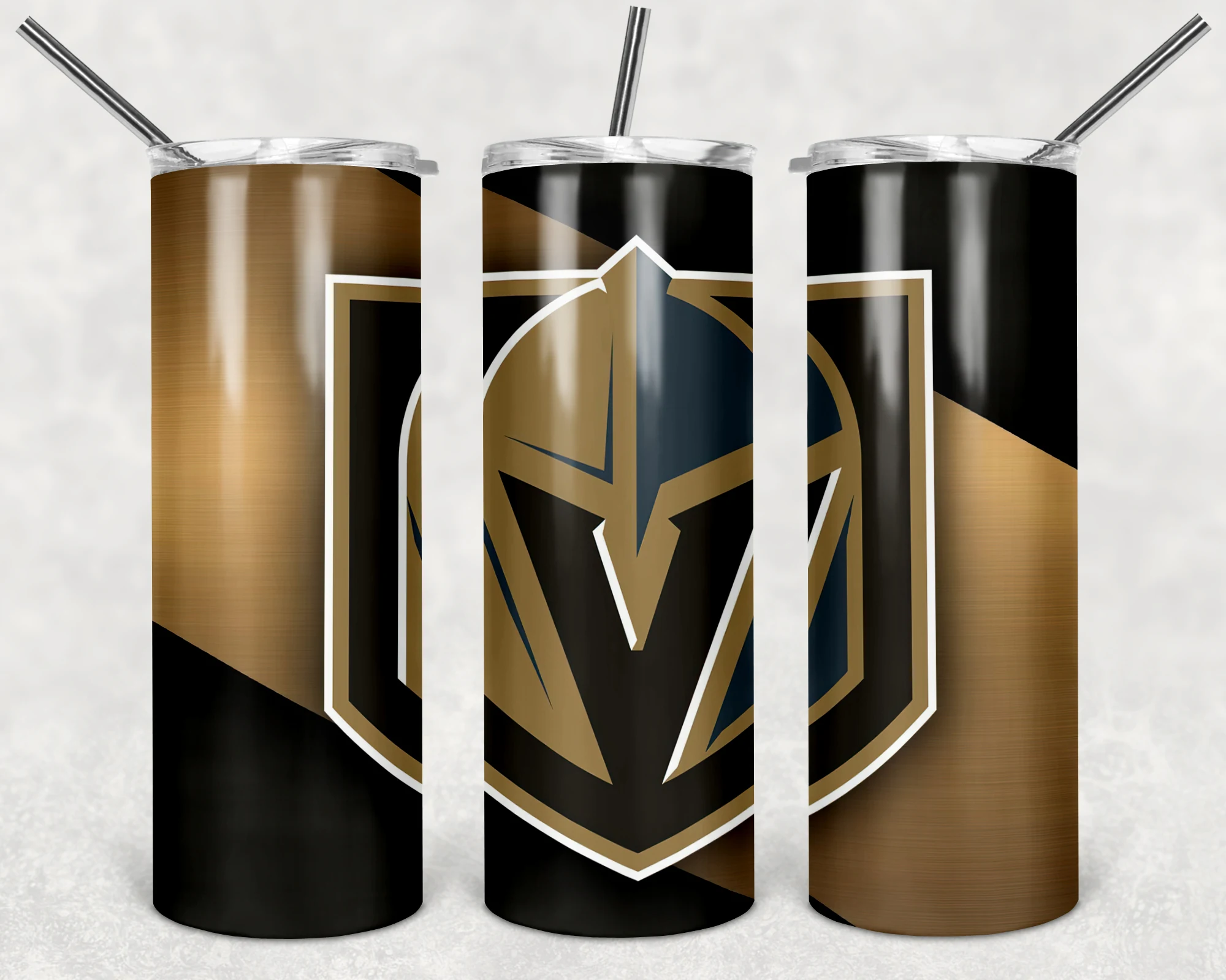 A 20 oz skinny tumbler wrap for Vegas Golden Knights fans: a large knight helmet logo over a gold and black split background. Sublimation design
