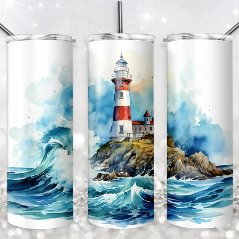 Watercolor Lighthouse 20 oz tumbler sublimation wrap