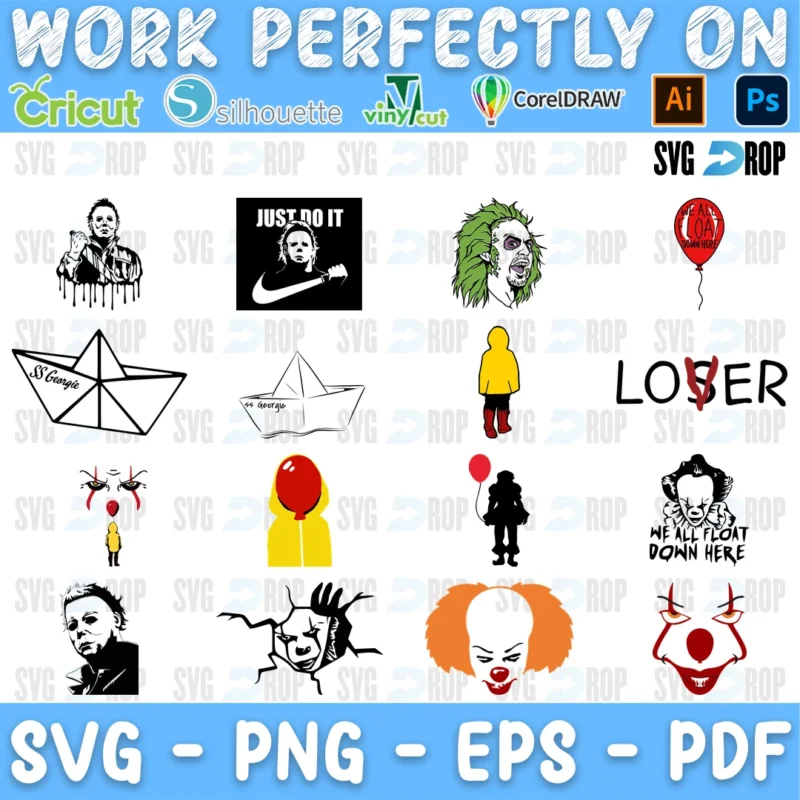 A horror movie design sheet: a Just Do It parody, Beetlejuice, paper boats, red balloons, Georgie’s yellow raincoat, Loser lettering. SVG bundle