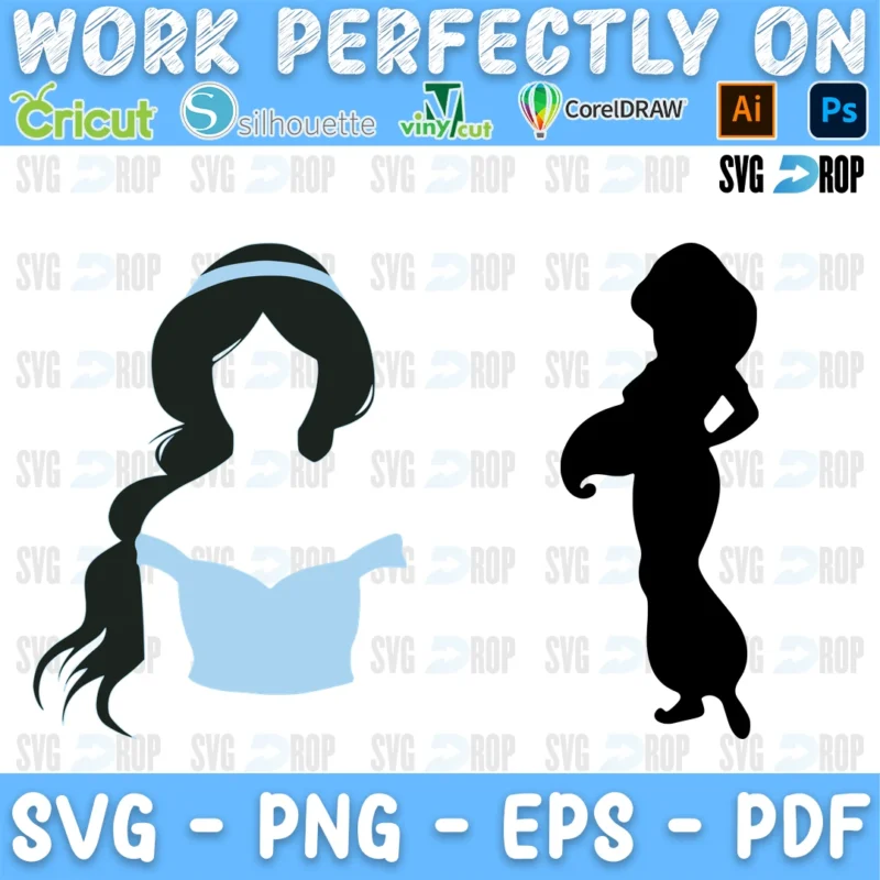 Two Jasmine designs: her long black ponytail with a blue top and headband, and a black full body Jasmine silhouette. SVG bundle