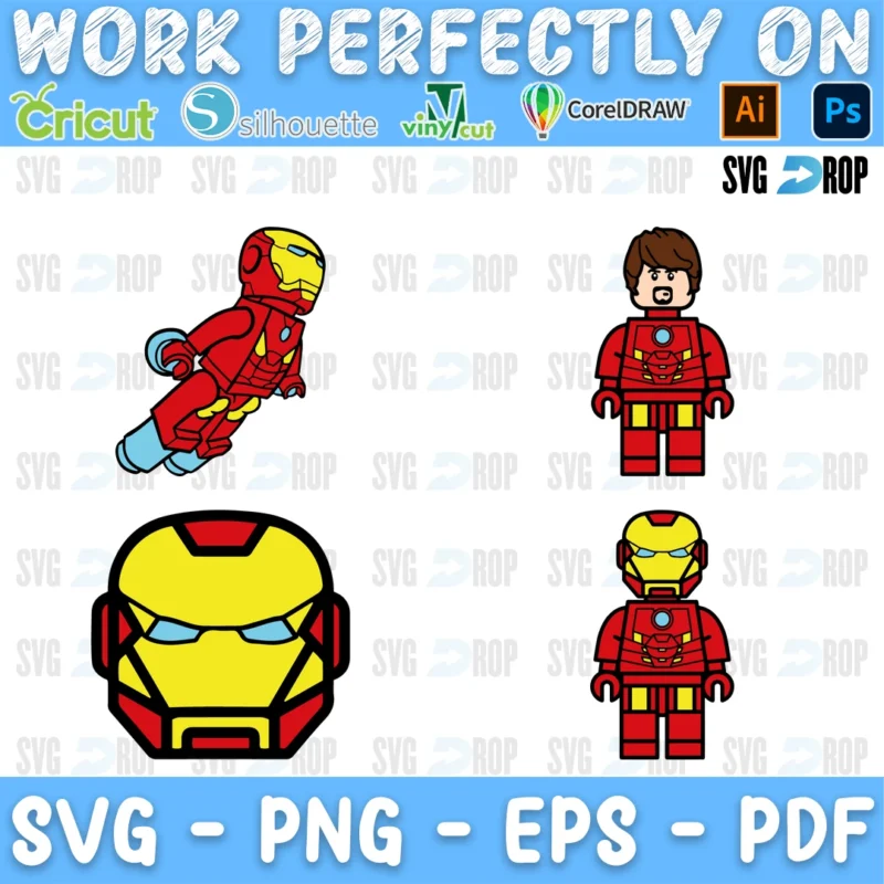 A small set of Lego Iron Man designs: a flying Iron Man minifigure, a large red and yellow Iron Man helmet and two standing minifigures. SVG bundle
