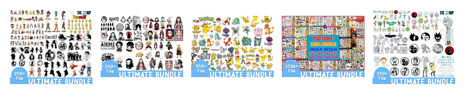 Mega Anime Bundles SVG and PNG cut file designs from SVG DROP