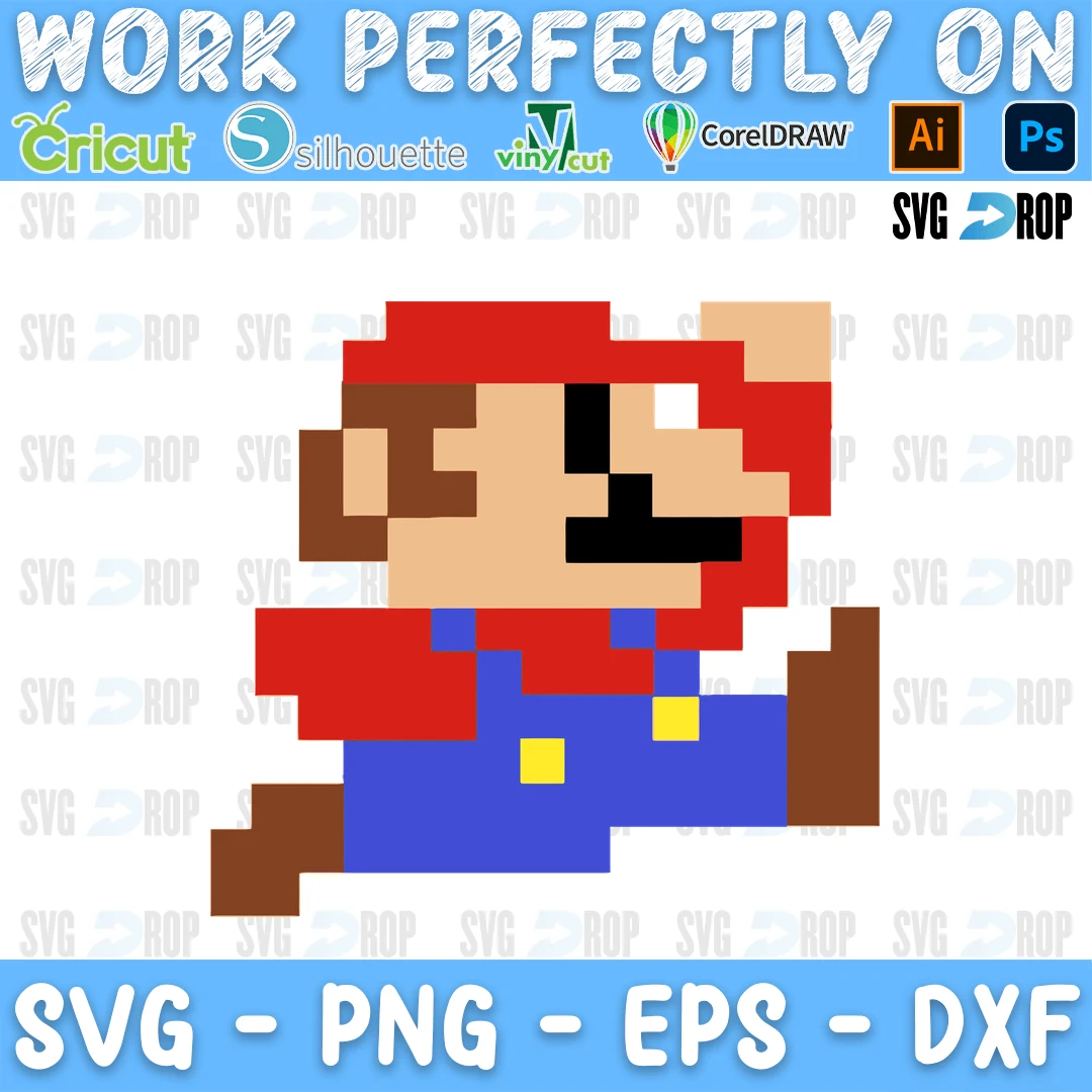 A full color Super Mario design: classic 8-bit pixel art Mario jumping in his red cap and blue overalls SVG
