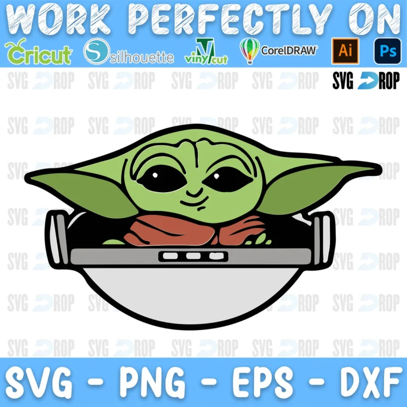 A full color Star Wars design: Grogu, the Baby Yoda, peeking out over the edge of his floating pod SVG