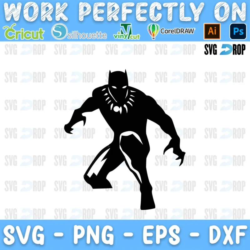 A black silhouette Marvel design: Black Panther crouched in an action pose with his claws out and necklace detail SVG
