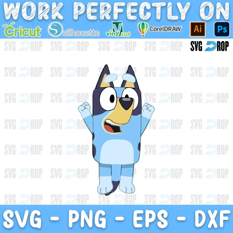 A full color Bluey design: Bluey the Blue Heeler pup standing with both arms raised and a big open-mouth smile SVG