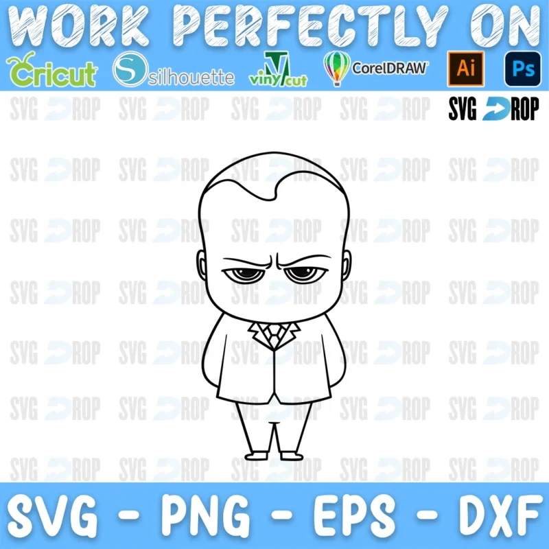 A black and white Boss Baby design: the Boss Baby in his little suit with a serious, unimpressed look, drawn as clean line art SVG