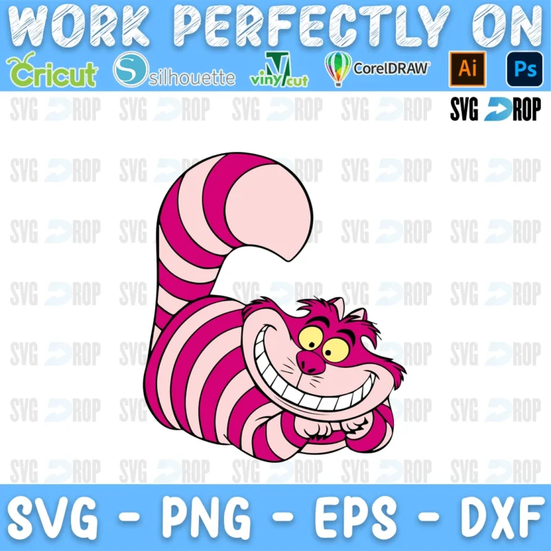 A full color Alice in Wonderland design: the Cheshire Cat with pink and purple stripes and his famous wide grin SVG
