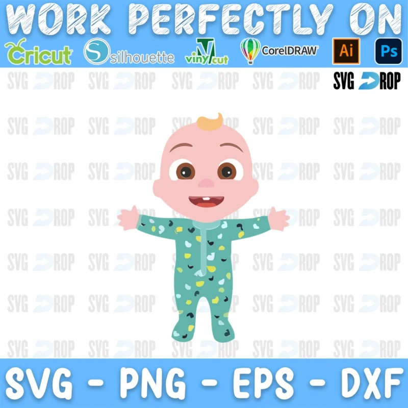 A full color CoComelon design: baby JJ in his patterned pajamas, smiling with both arms open SVG