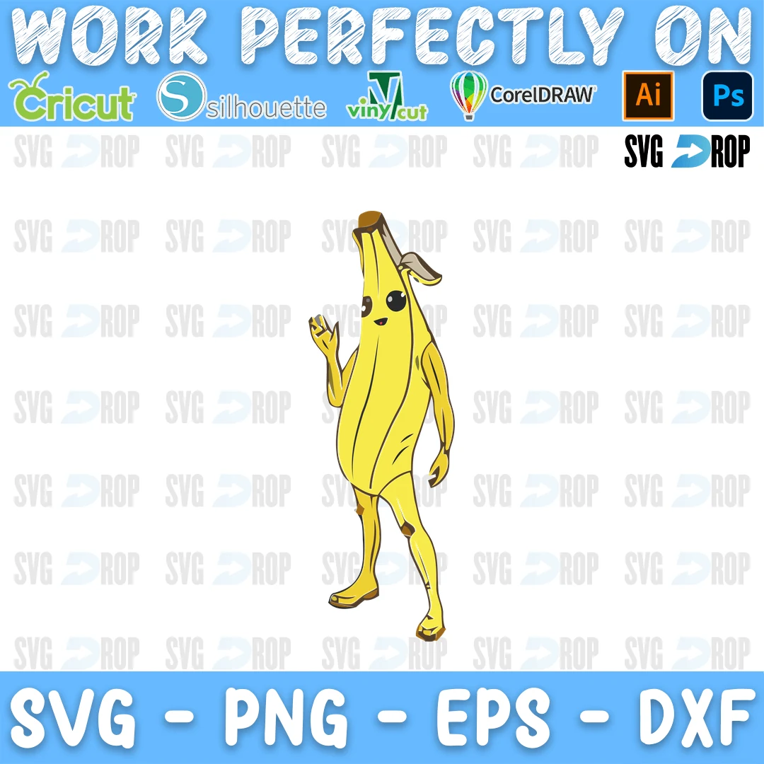 A full color Fortnite design: Peely, the walking banana skin, standing tall with one hand raised in a wave SVG