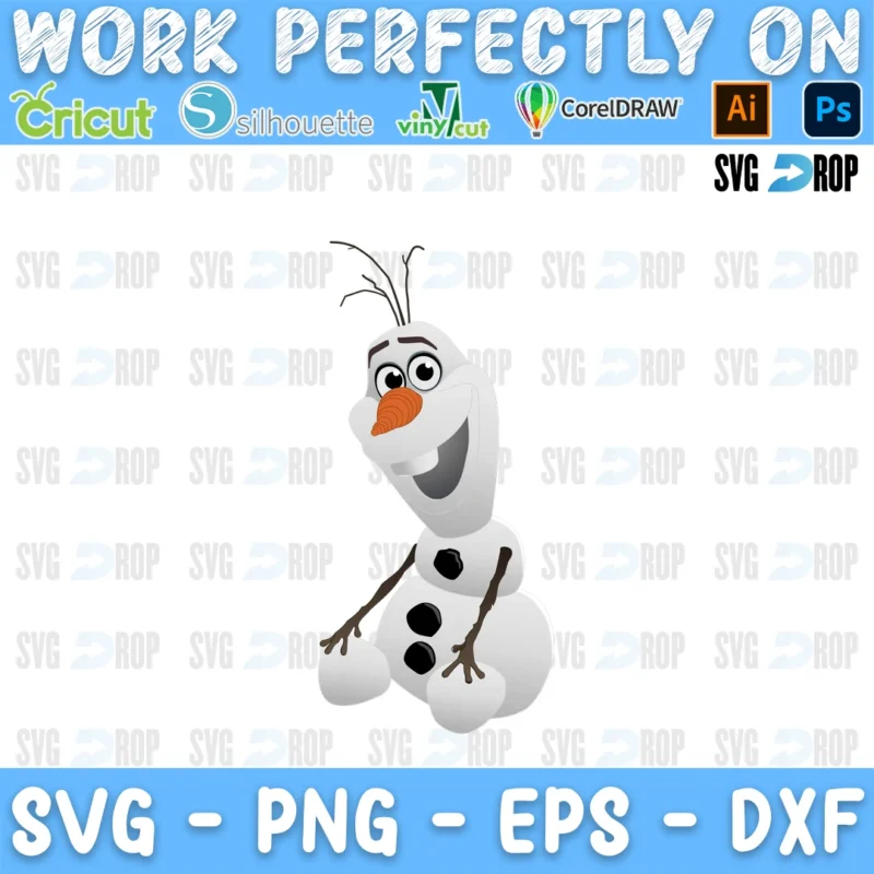 A full color Frozen design: Olaf the snowman smiling with his carrot nose, twig arms and coal buttons SVG