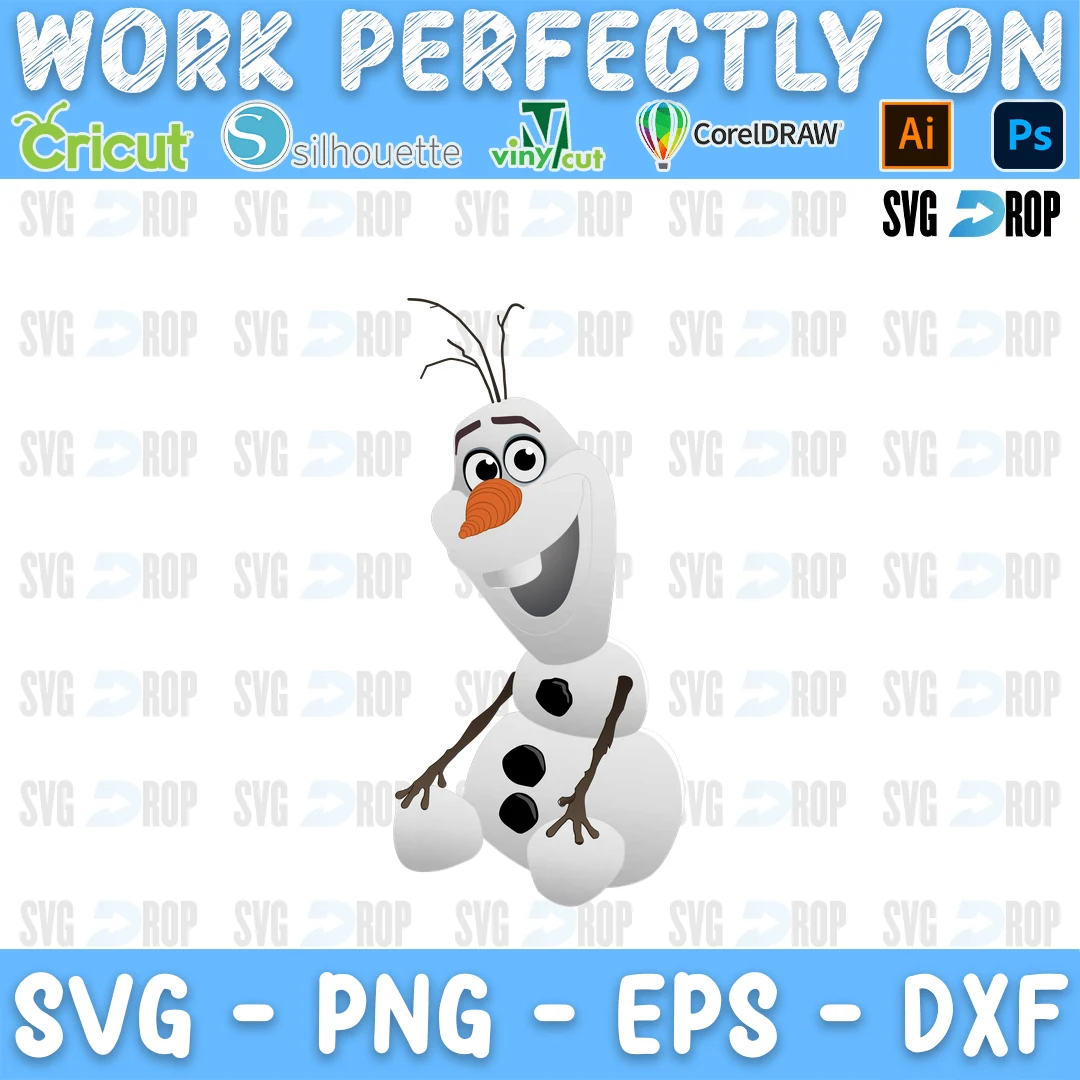 A full color Frozen design: Olaf the snowman smiling with his carrot nose, twig arms and coal buttons SVG