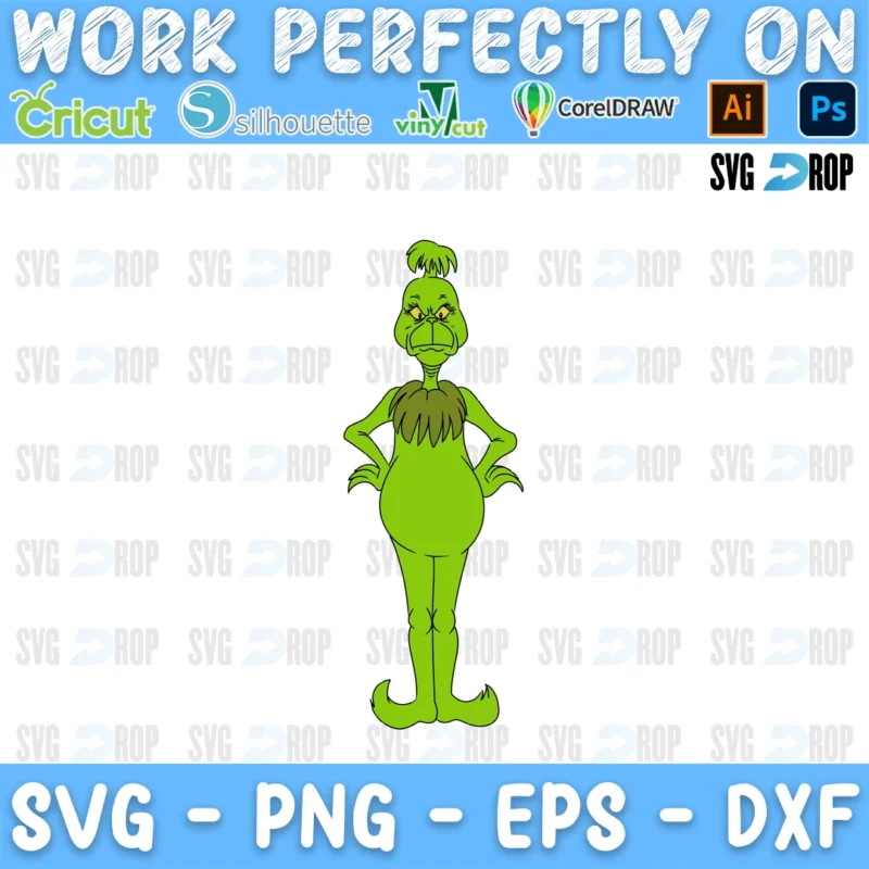 A full color Grinch design: the Grinch standing with his hands on his hips and a sly, scheming look SVG
