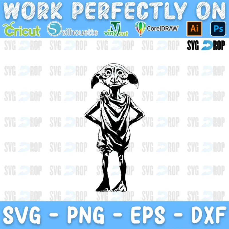 A black and white Harry Potter design: Dobby the house elf in his pillowcase tunic, standing with his hands on his hips SVG