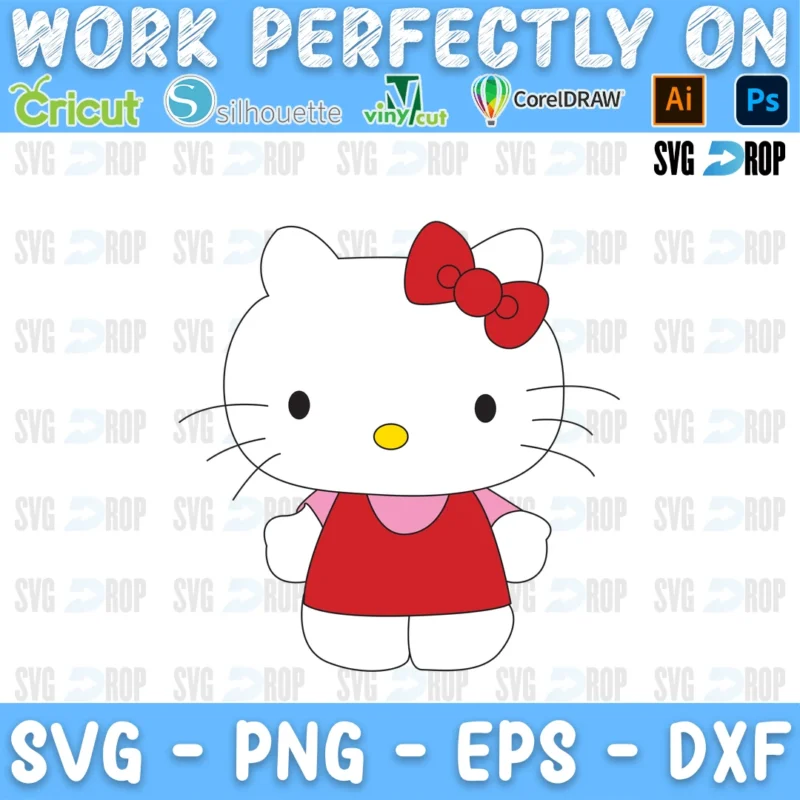 A full color Hello Kitty design: Hello Kitty in her red dress with her signature red bow SVG