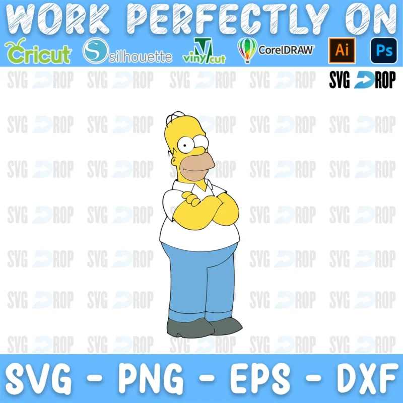 A full color Simpsons design: Homer Simpson standing with his arms crossed in his white shirt and blue pants SVG