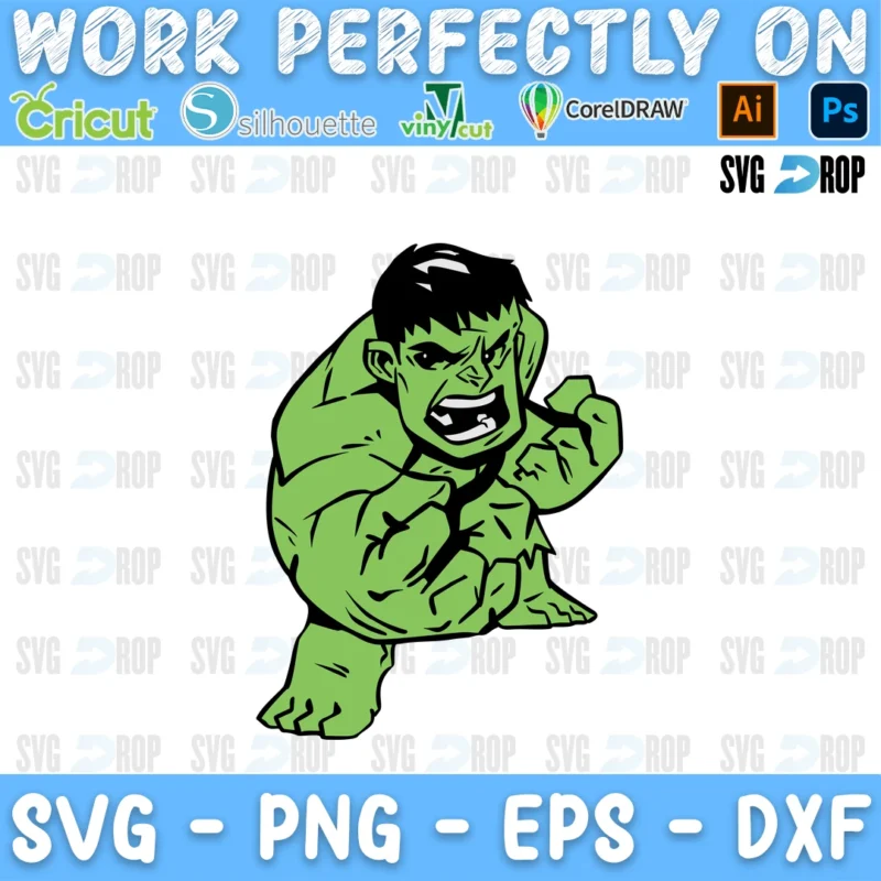 A full color Marvel design: a chibi Hulk flexing with clenched fists and an angry scowl SVG