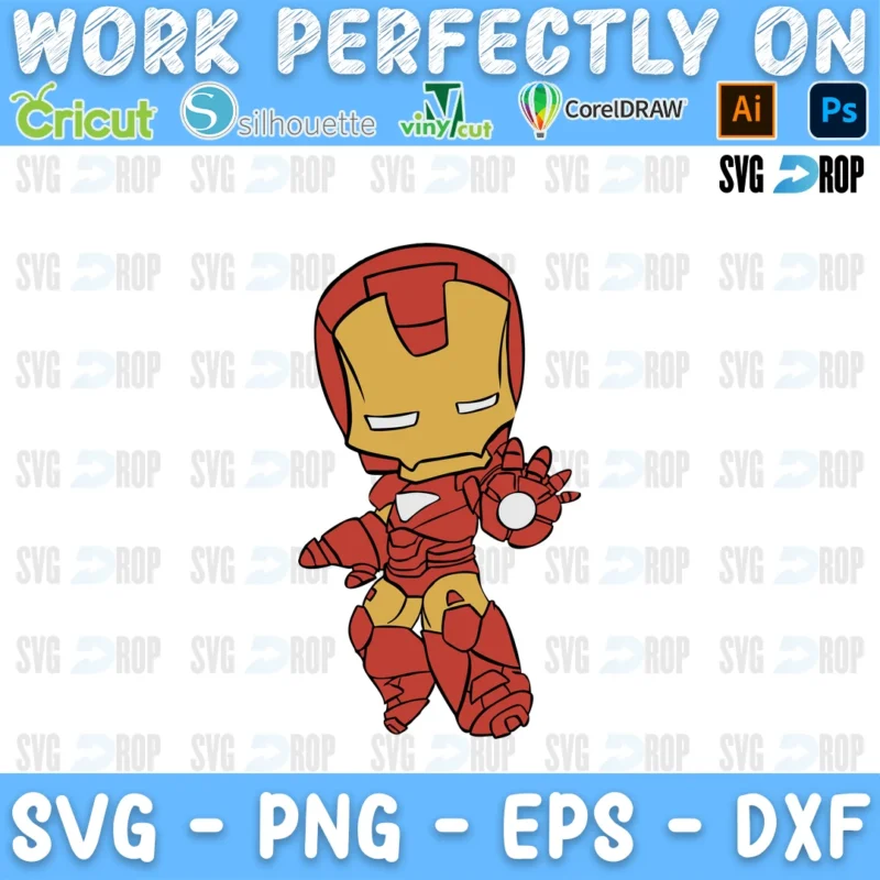 A full color Marvel design: a chibi Iron Man in his red and gold armor, raising one glowing hand SVG