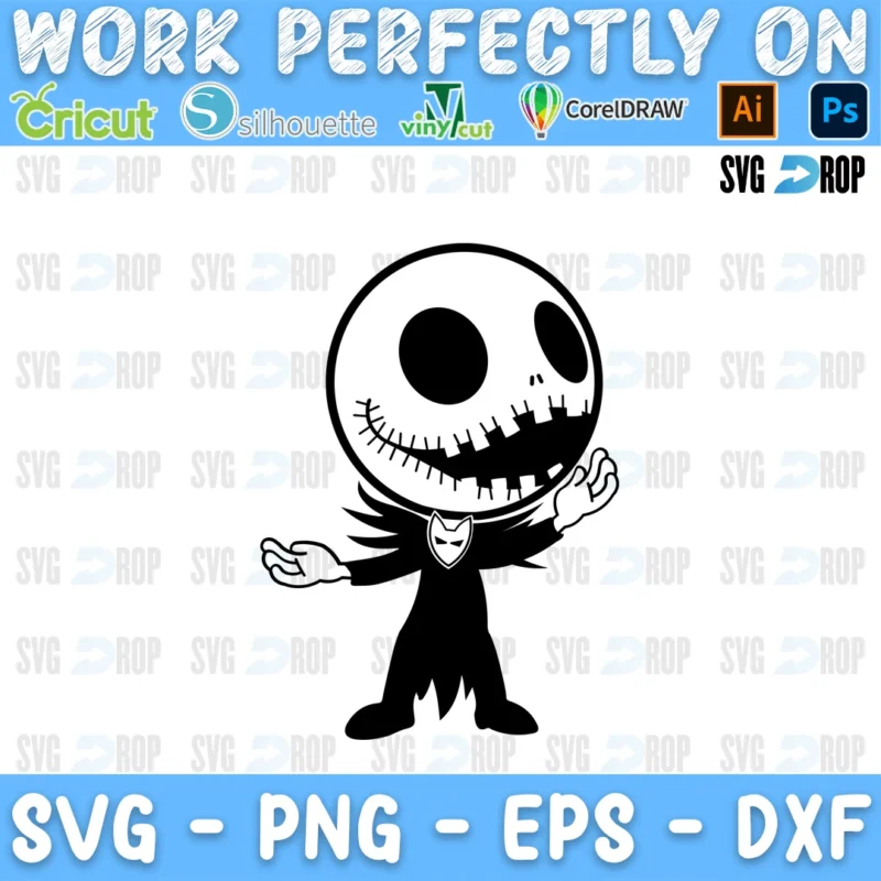 A black and white Nightmare Before Christmas design: Jack Skellington with his big round skull head and a wide stitched grin SVG