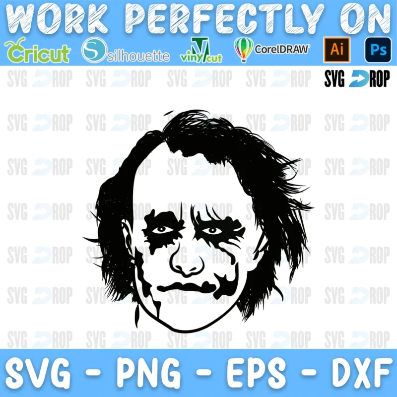 A black and white Joker design: a detailed portrait of the Joker with wild hair and his smeared painted smile SVG