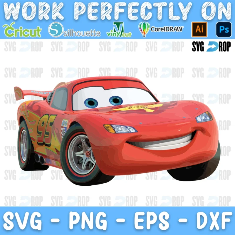 A full color Cars design: Lightning McQueen, the red race car number 95, smiling with his big windshield eyes SVG