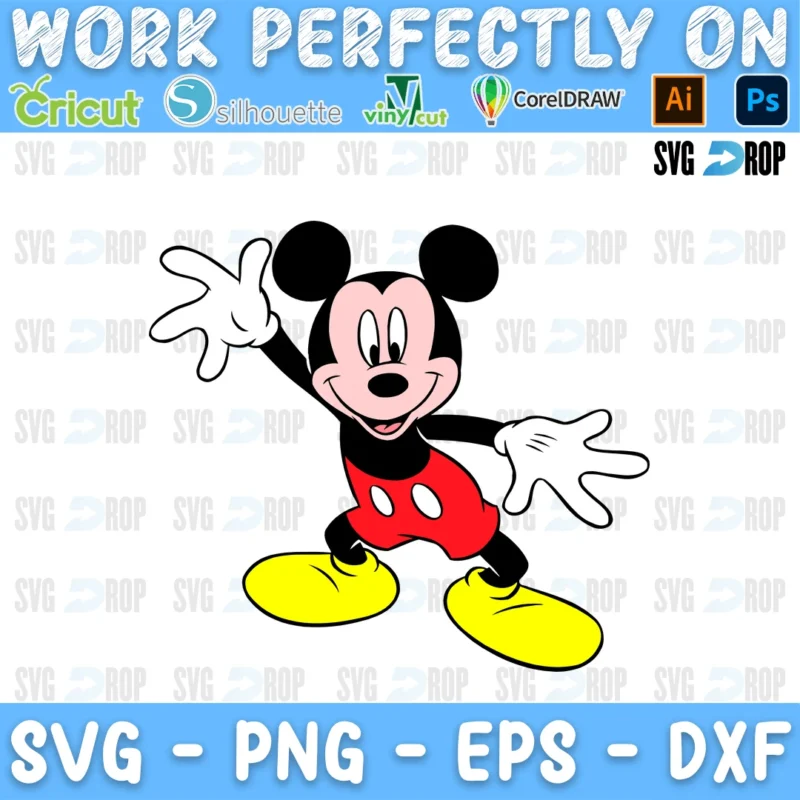 A full color Mickey Mouse design: Mickey waving with both hands in his red shorts and big yellow shoes SVG