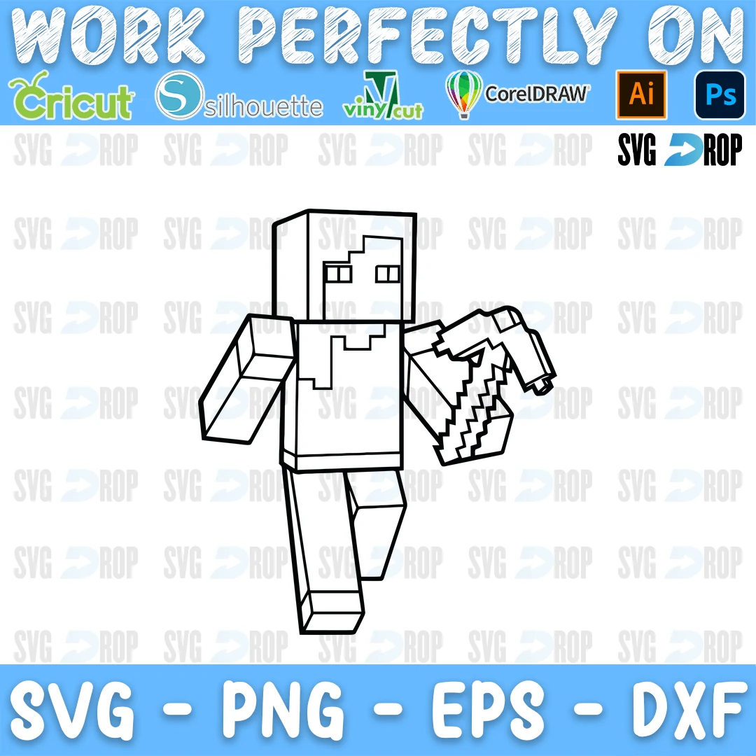 A black and white Minecraft design: Steve walking with his pickaxe, drawn as clean line art you can also color in SVG