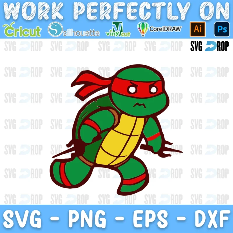 A full color Teenage Mutant Ninja Turtles design: a chibi Raphael in his red mask, crouched and ready to fight SVG