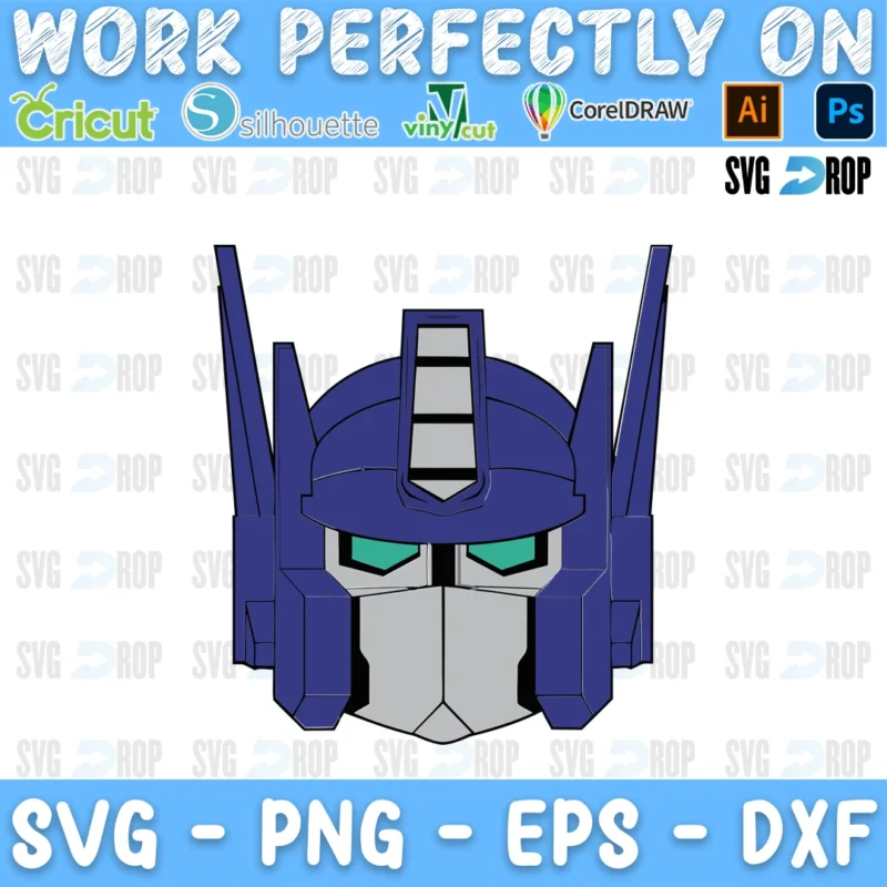 A full color Transformers design: the helmet of Optimus Prime in blue and silver with glowing eyes SVG