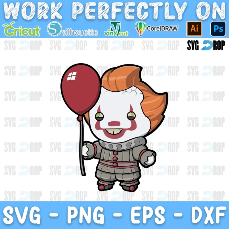 A full color Halloween design: a chibi Pennywise the clown holding a red balloon, with orange hair and a toothy smile SVG